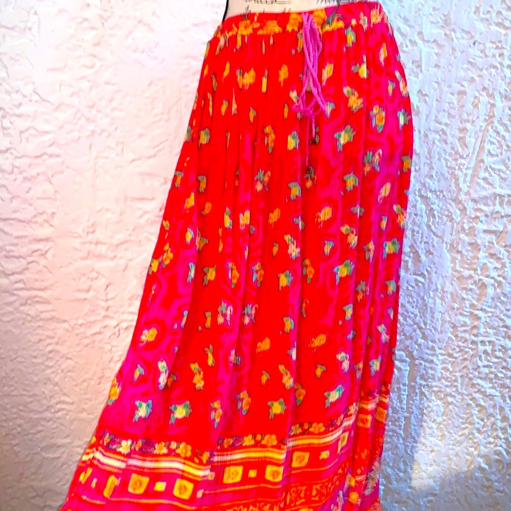 🌸Vintage Bright Pink and Orange Boho Gypsy Broomstick Skirt